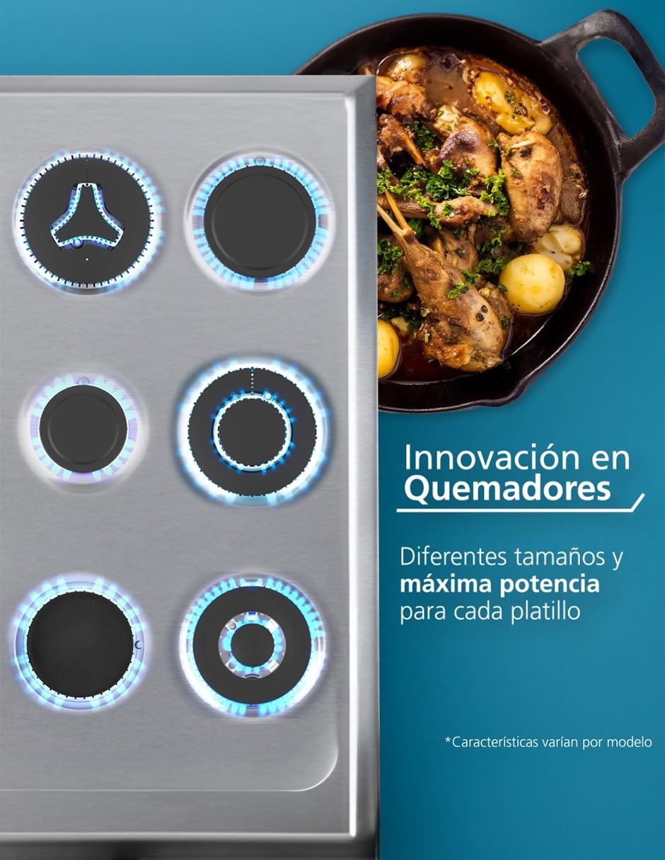 Combo estufa de piso a gas LP MABE Air Fry 75.8 cm EMHA7612DSSCM76SS de 6 quemadores + campana